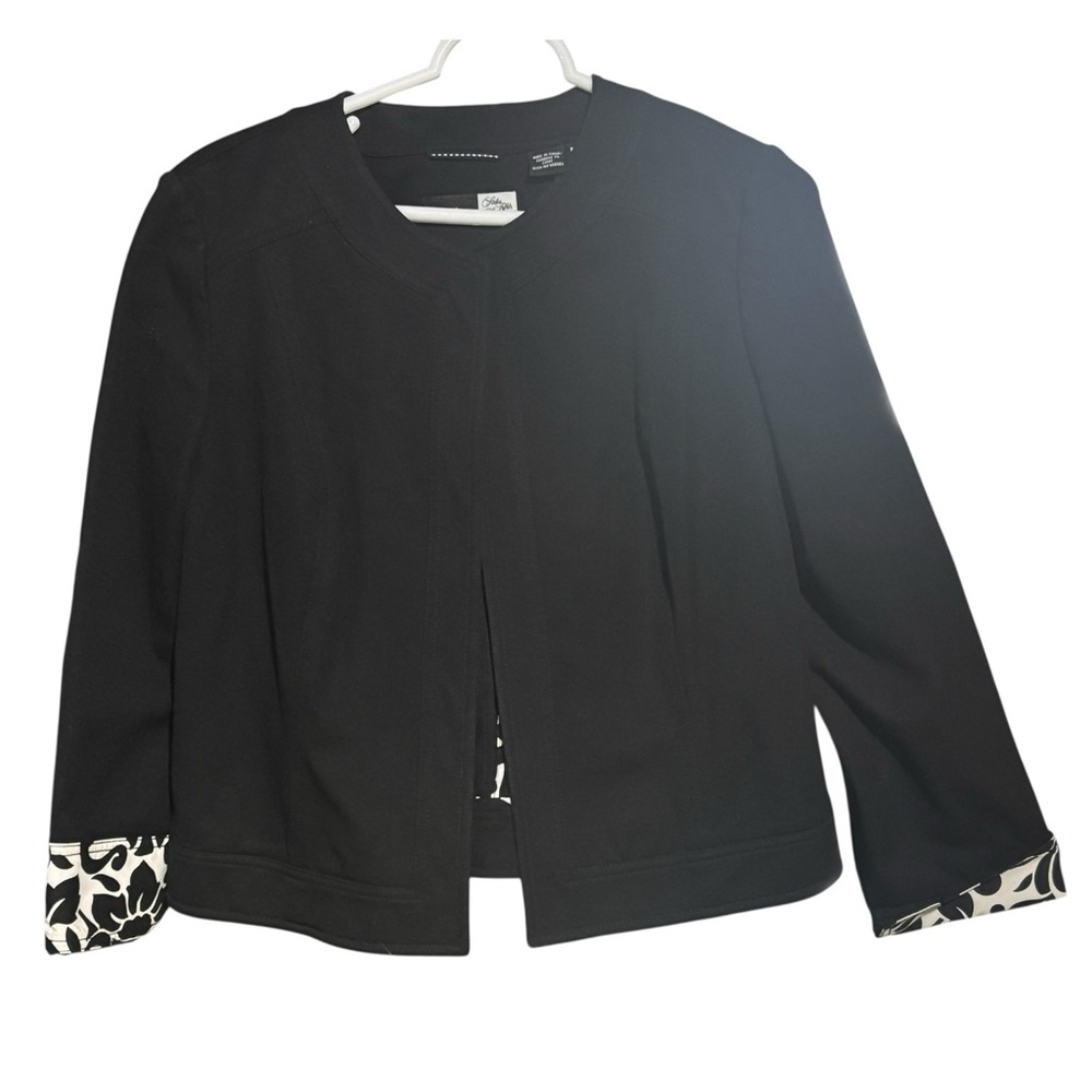 Women 12p Saks Fifth Avenue Sport Cotton Blend Open Front Blazer Black White